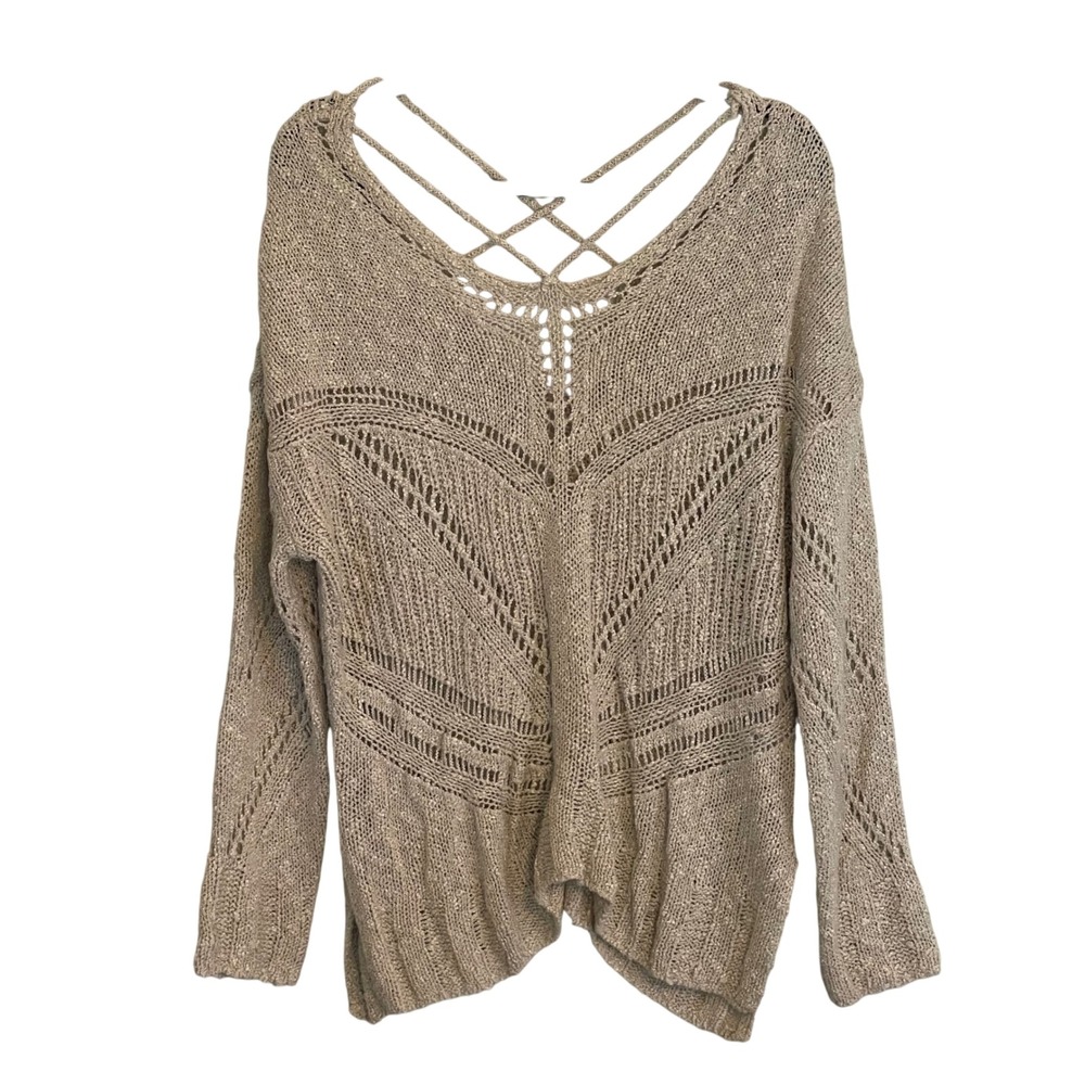 Braeve Beige Open Knit Strappy Back Sweater Large Oatmeal Boho